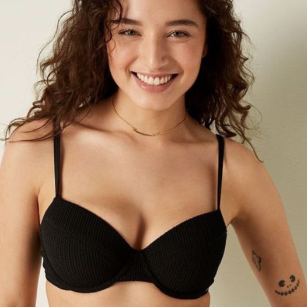 PINK Crinkle Black Bikini Set